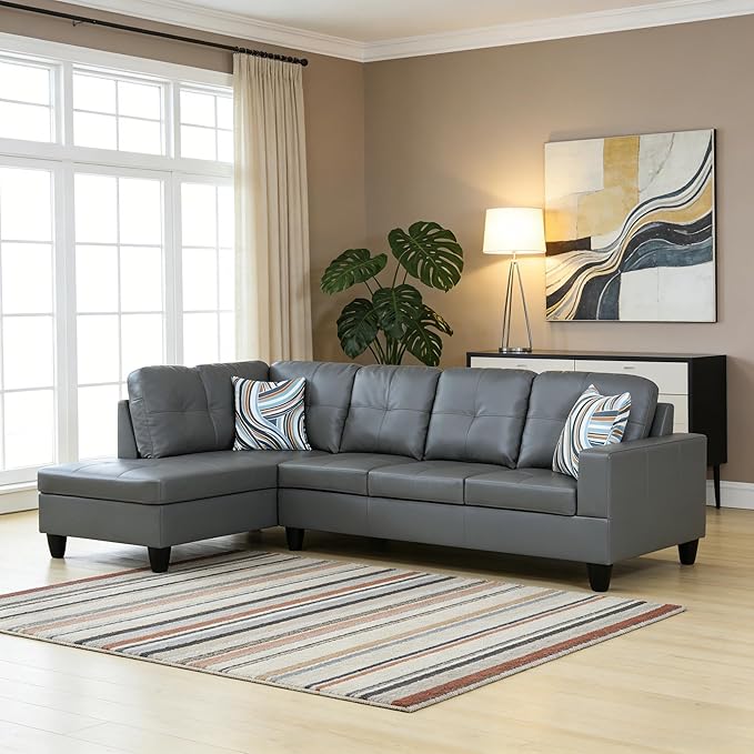 103.5 Inch Modern L-Shaped Couch PU Leather Sectional Sofa with Chaise Lounge 4-Seater Couch with Accent Pillows for Living Room Apartment Dark Grey
