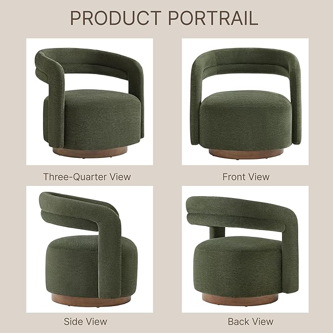 Swivel Accent Chair Upholstered Barrel Chair with Open Back Design Modern Arm Chair with Wooden Base for Living Room Bedroom Reading Waitingroom Green