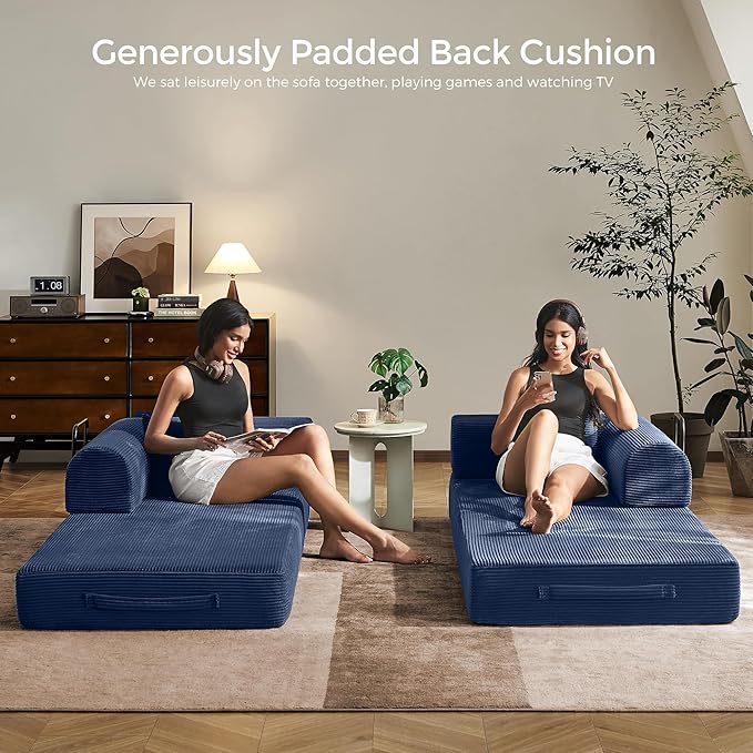 79 Convertible Sofa Bed with Fixed-Shape Frame &amp Removable Armrests Modular Corduroy Sleeper Sofa Folding Mattress Couch for Small Spaces - No Assembly Needed in Navy Blue (Includes 2 Pillows)