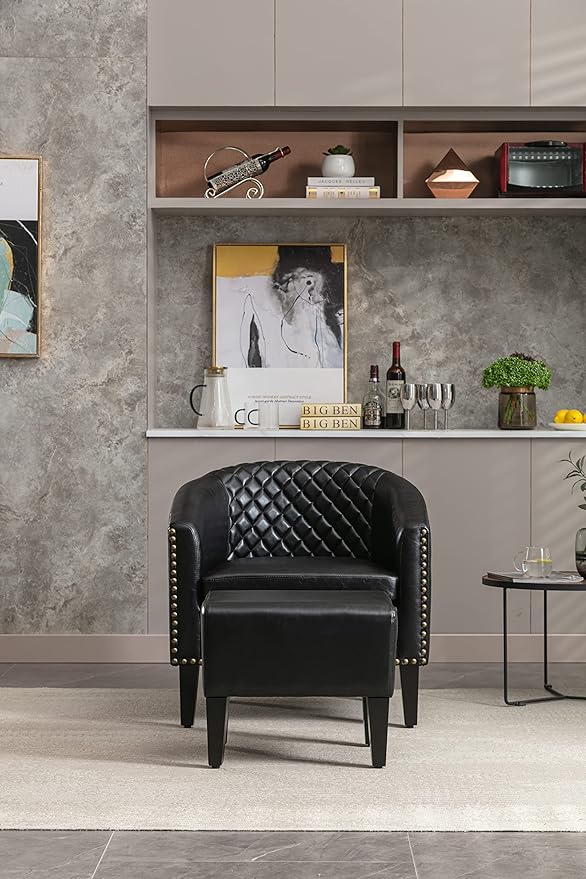 Accent Chair with Ottoman Mid Century Modern Barrel Chair Upholstered Club Tub Round Arms Chair for Living Room
