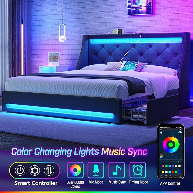 Rolanstar Twin Bed Frame with LED Lights and Charging Station Upholstered Bed with Drawers Wooden Slats Noise Free Easy Assembly Dark Gray