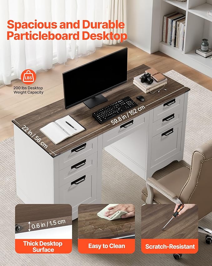 VEVOR 60 Executive Desk with Drawers Farmhouse Home Office Desk with Charge Station Keyboard Tray File Storage Cabinet 200 LBS Load Capacity Wood Table Easy Assembly for Work Study Walnut