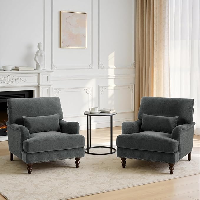 Accent Chairs Set of 2 Upholstered Armchair with Nailhead Trim &amp Solid Wood Legs Mid Century Modern Chenille Club Chair for Living Room/Bedroom/Reading Room Gray