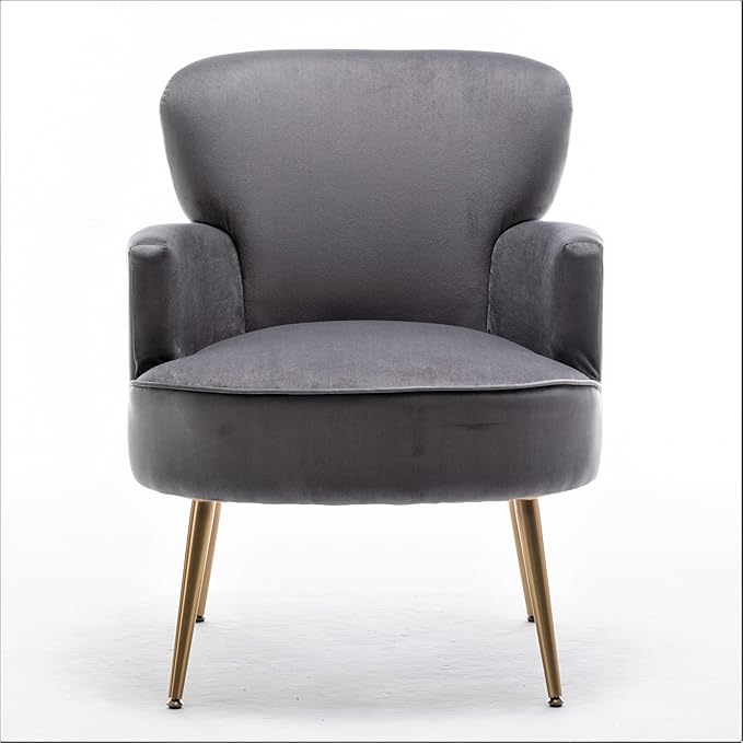 Trendy Velvet Accent Chair with Gold Metal Legs Upholstered Armchair for Small to Mid-Size Spaces Modern Living Room Bedroom Vanity Desk and Entryway Grey