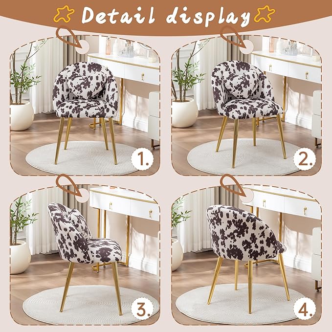 Vanity ChairAccent Makeup Comfy Cute Desk Girls Fluffy Chairs for Bedroom No Wheels Gold Metal Legs Stool (Cow Velvet)