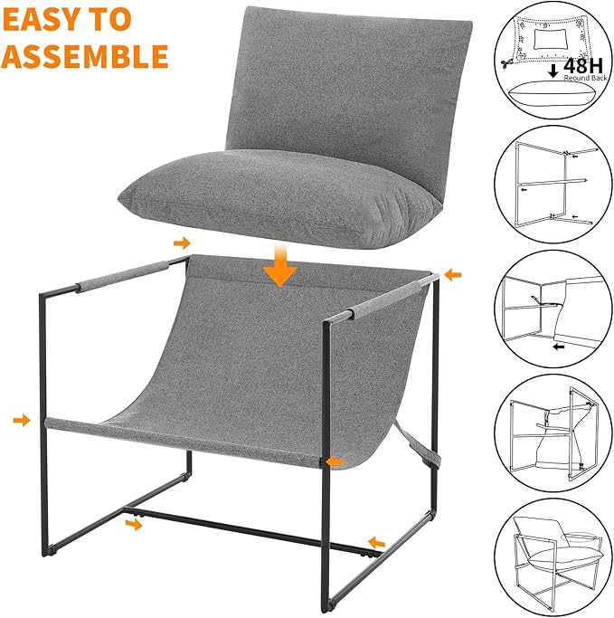 Sling Accent Chair for Living Room Modern Metal Framed Cozy Armchair Upholstered Living Room Chairs with Shredded Foam Cushioning Lounge Chair for Bedroom Living Room Reading Room Grey