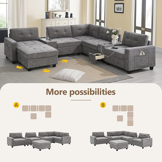 104'' Modular Sectional Sofa with 2 Tech Consoles Oversized U Shaped Couch Set with USB Charger Storage Movable Ottoman Chenille Large Sectional Couches for Living Room (Grey)