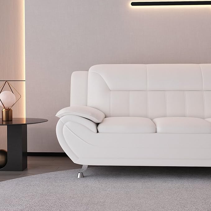 Michael Modern Faux Leather Upholstered Stainless Steel Legs Living Room Sofa Cream White