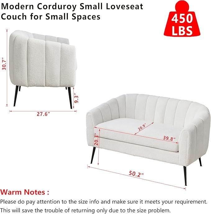 50.2 Small Sofa Couch for Small SpacesModern Chenille Loveseat CouchesOval 2 Seater Sofas with Black Metal Legs for ApartmentDormStudioBedroomRV. (Ivory with Metal Legs 50.2)