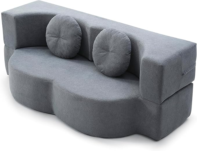 KEIKI 2-in-1 Folding Sofa Bed with Pillow Queen Sleeper Sofa Floor &amp Futon Loveseat Couch Foam Folding Mattress for Living Room Guest Use Office Apartment No Assembly Required Grey