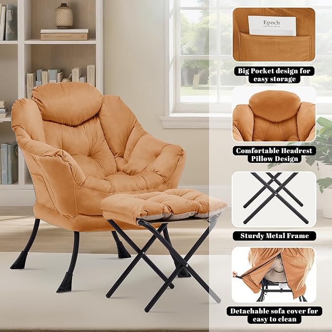 Lazy Chair with Ottoman Comfy Accent Lounge Chair with Side Pocket Modern Reading Armchair with Footrest Upholstered Sofa Chair for Small Spaces Bedroom Living Room Dorm Burnt Orange