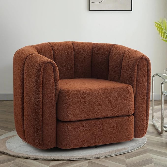 SUNWAVE Swivel Accent Chair 360-degree Swivel Barrel Chair with Teddy Upholstery Comfy Pumpkin-Shaped Accent Chair for Living Room Bedroom or Office (1 Brown 37)
