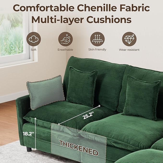 113'' L Shaped Cloud Couch 4-Seater Modular Sectional Sofa with Double Layer Upholstered Seat Cushion Corduroy Deep Seat Couches with Ottoman &amp Pillows for Living Room &amp Apartment Green