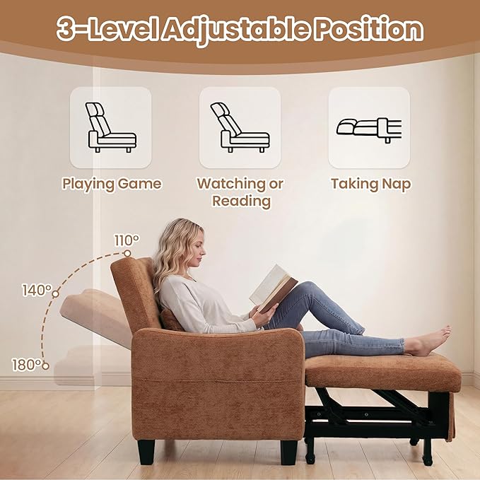 3 in 1 Convertible Sofa Bed Chair Pull Out Single Sleeper Chair Bed with Adjustable Backrest Modern Lounge Sofa for Small Space Orange