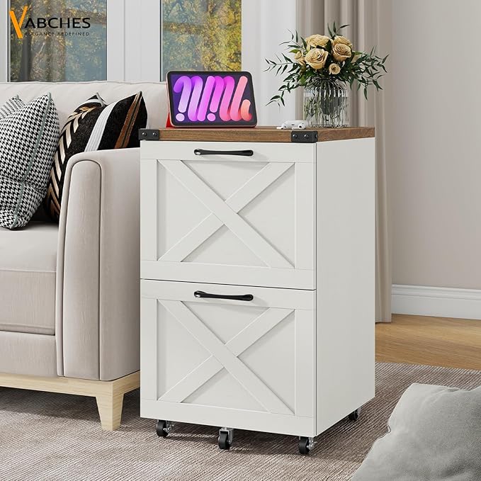 Vabches Farmhouse File Cabinet with 2 Drawers Vertical Filing Cabinet on Wheels for Letter/A4 Size Hanging Files Mobile File Cabinets Printer Stand for Home Office Rustic White