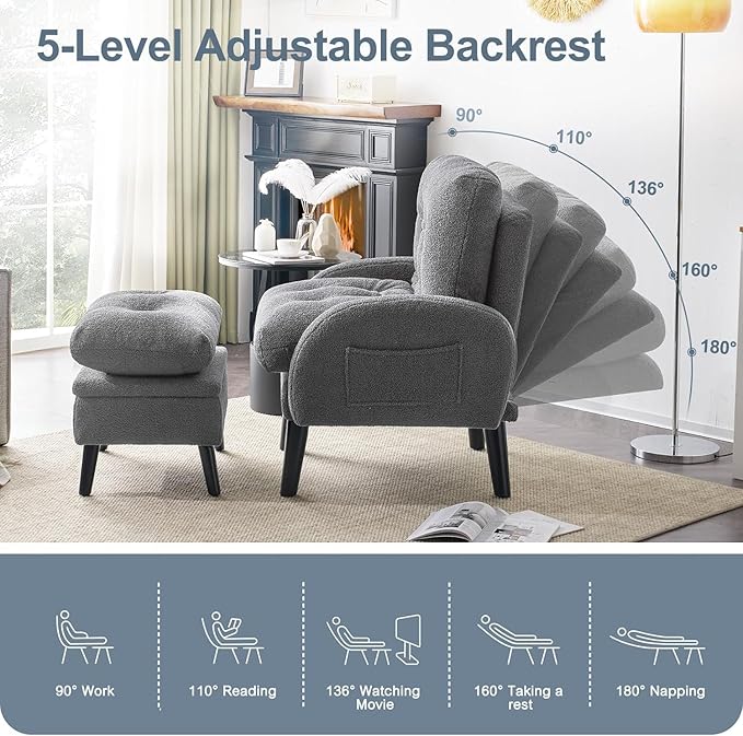 ELUCHANG Accent Chairs with Ottoman Upholstered Comfy Armchair with Adjustable Backrest&ampStorage Footrest Lazy Chair Reading Chair Leisure Sofa Recliner for Living Room Bedroom (Grey - Teddy Fabr