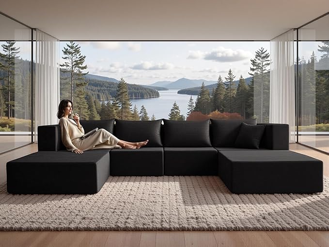 YINIX 140 Modular Sectional Sofa Couches Corduroy Sleeper Deep Seat Sofa Bed Comfy Cloud Couch for Living Room Floor Sofa 6 Piece Free Combination Compression No Assembly Required Obsidian