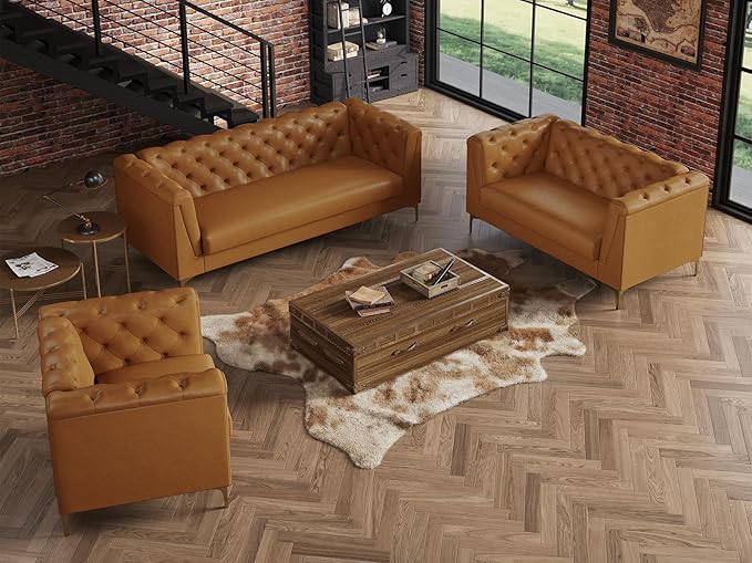 60 Mid-Century Modern Sofa CouchFaux Leather 2 Seater Sofa and Comfortable CushionsComfy Deep Seats Sofa Modern Couch for Living RoomOffice Apartment Small SpaceTool-Free AssemblyBrown