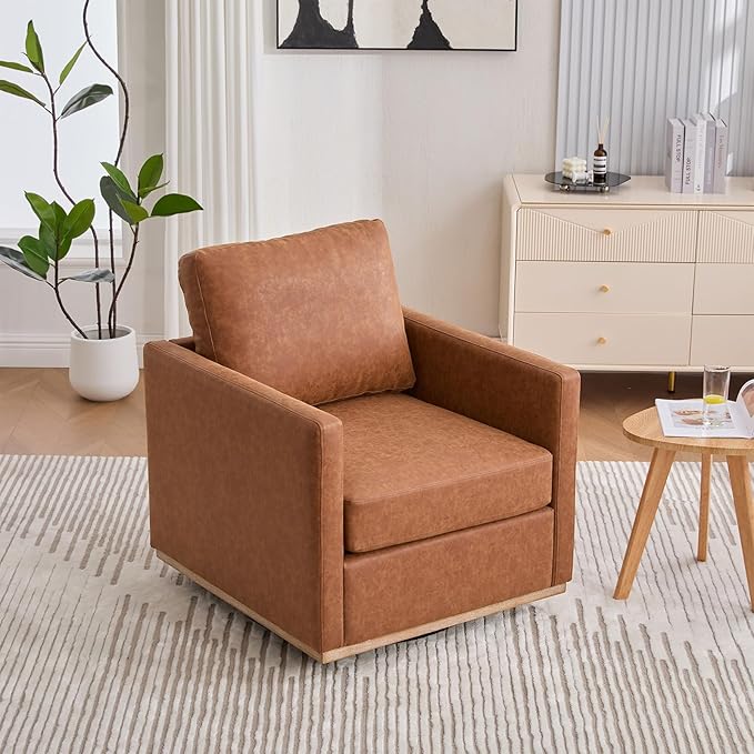 360° Swivel Accent Chair Square Modern Comfy Chair with Metal Base &amp Thicked Cushion Upholstered Lounge Reading Armchair Cozy Cloud Sofa Chairs for Living Room Bedroom Office Club(PU Brown)