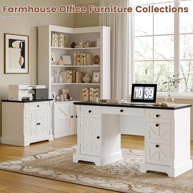 Bigbiglife 55 Office Desk with Drawers Farmhouse Executive Desk with Charging Station Hidden Cabinet File Cabinet Storage Wood Computer Desk with 5 Drawers for Work Study Writing White