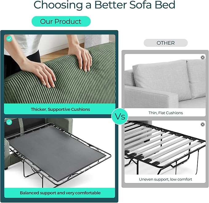LINSY HOME Pull Out Sofa Bed - Convertible Loveseat Sleeper Sofa Upgraded Bed Frame Pullout Couch - USB Charging &amp Cup Holders Corduroy Sofa Bed for Living Room Small Space Queen Size (Green)