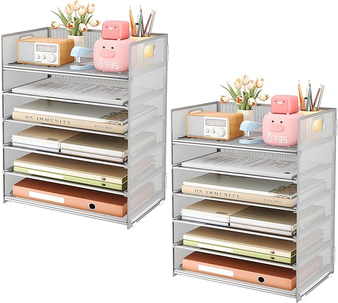 Subekyu 6-Tier Desk Paper Organizer Desktop File Letter Tray with Handle Document Sorter and Accessories Holder for Office Home and School Workspace Organizers Silver - 2 Pack