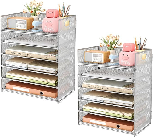 Subekyu 6-Tier Desk Paper Organizer Desktop File Letter Tray with Handle Document Sorter and Accessories Holder for Office Home and School Workspace Organizers Silver - 2 Pack