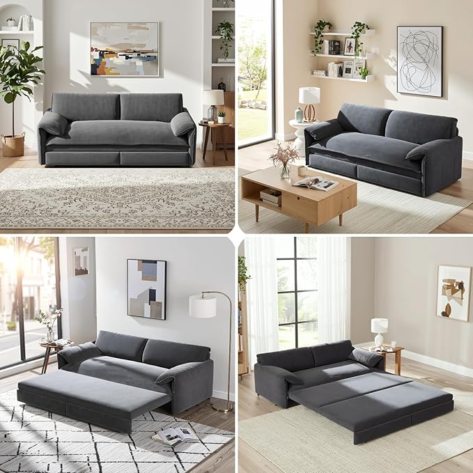 Homy Casa 66 3-in-1 Convertible Sofa Bed Queen Size Pull-Out Bed with Side Storage Velvet Loveseat Modern Sleeper Sofa for Living Room Office or Guest Room (Grey)