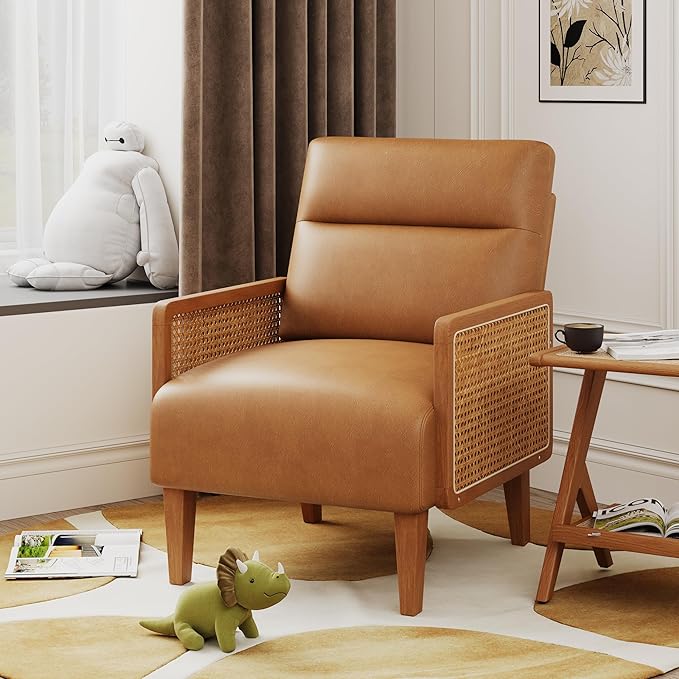 HAOBO Home Mid Century Modern Accent Chair Upholstered Living Room Chairs Armchair with Rattan Armrest Comfy Reading Chair with Wood Frame Lounge Side Chair