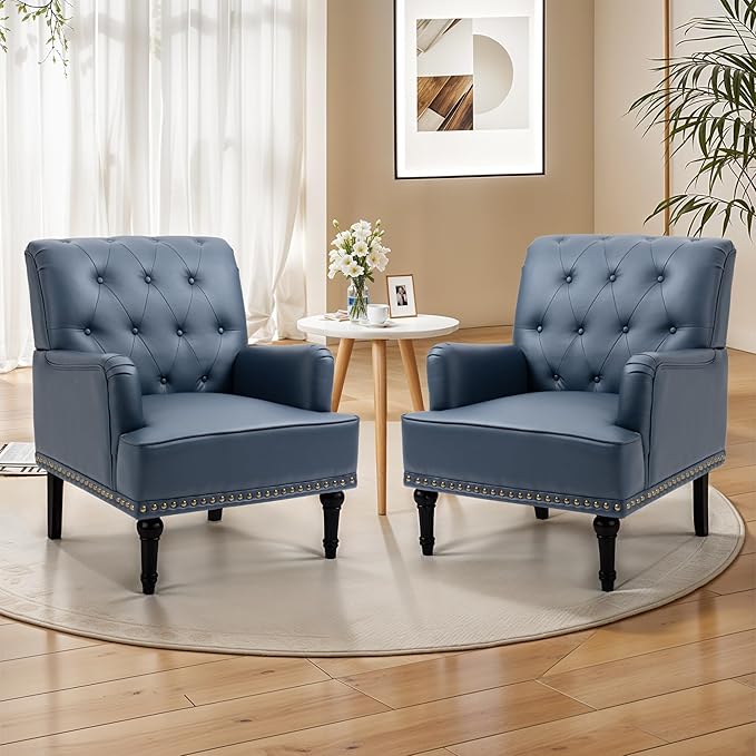 MOJAY Faux Leather Accent Chair Set of 2 Mid-Century Modern Living Room Chair Lounge Study Sofa Chair with Sturdy Wood Legs Club Chair Armchair for Bedroom Home Study Reception (DarkBlue)