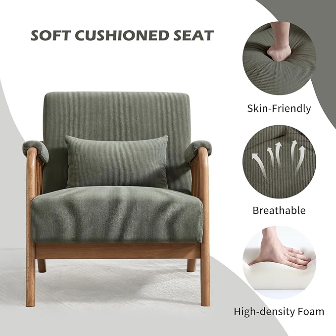 INZOY Accent Chairs Set of 2 Mid Century Modern Accent Chair with Wood Frame Upholstered Reading Armchair with Corduroy Fabric Accent Chair for Living Room Bedroom Apartment Easy Assembly Green