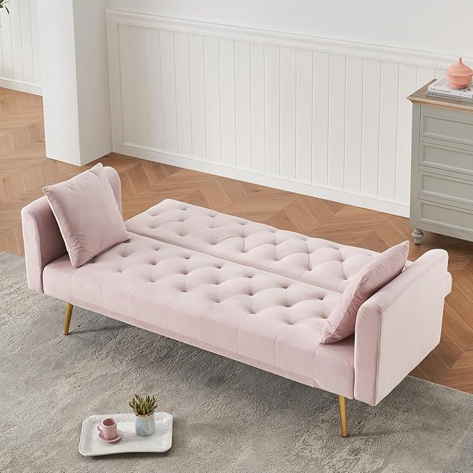 71 Modern Velvet Sofa Bed Futon Convertible Sleeper Couch with Adjustable Backrest Tufted Recliner Loveseat with Golden Chrome Legs &amp 2 Pillows for Small Spaces Living Room Apartment (Pink)