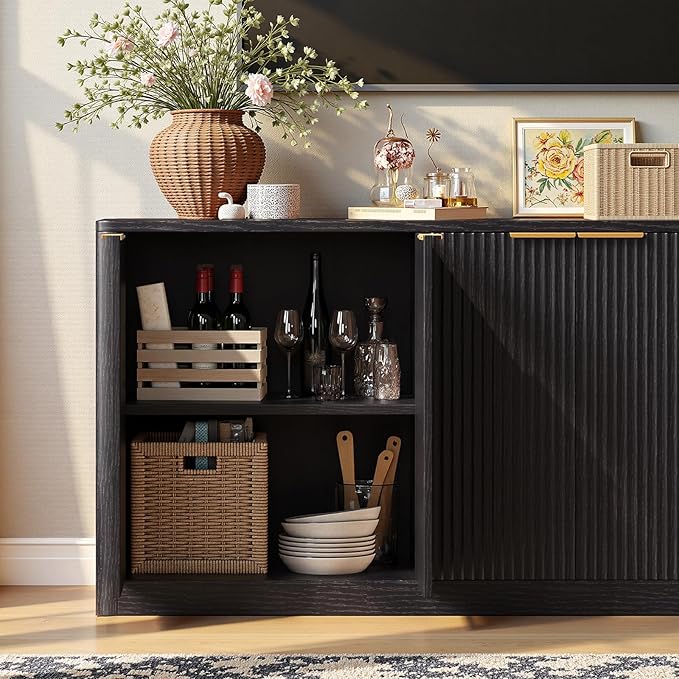 Evermagin 67 Black Fluted TV Stand for TVs up tp 75 Mid-Century Modern Entertainment Center with Storage Cabinets and Fluted Doors Wood Media TV Consoles for Living Room and Bedroom Furniture