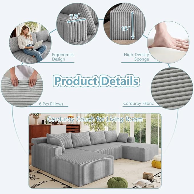 124 Cloud Sectional CouchModern U-Shaped Boneless Couch with Deep SeatComfy Corduroy 4-Seater SofaMemory Foam Sofa for Living RoomNo Assembly Required (Light Grey)