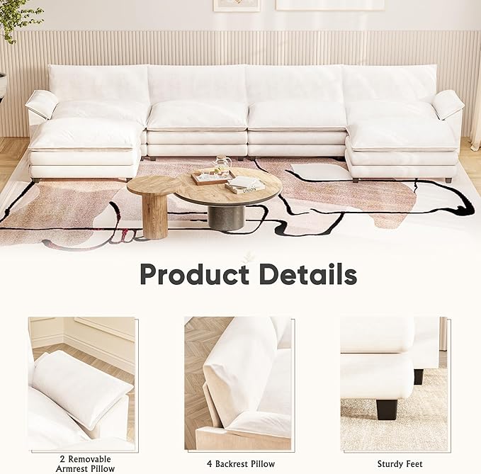 Furniwell 159 Modern Couches Sectional Sofa with Movable Ottoman U Shaped Sofa Couch with Comfy Chenille and Deep Seat 4-Seat Cloud Couch for Living Room Bedroom and Apartment