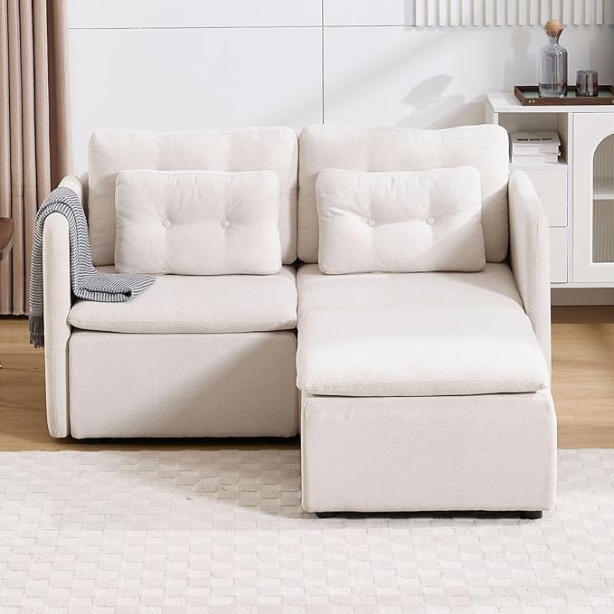 LukeAlon Chenille 56.5 Loveseat Sofa with Waist Pillow Modular Sectional Sofa Couch with Ottoman Comfy Upholstered 2 Seater Lounge Sleeper Couch Sofa for Living Room Apartment Office Beige