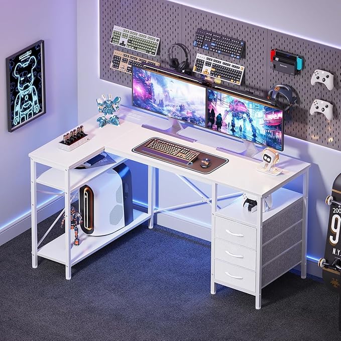 Simple Deluxe L Shaped Gaming Desk with Power Outlets 47 Inch Computer Desk with 3 Drawers Shelves Corner Computer Desk for Gaming Corner Work Home Office Study White