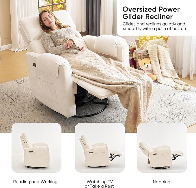 26 Extra Wide Swivel Rocker Recliner Oversized Power Recliner Chair with Adjustable Headrest Chenille Glider Rocking Nursery Chair with USB Ports Overstuffed Armrest Cream