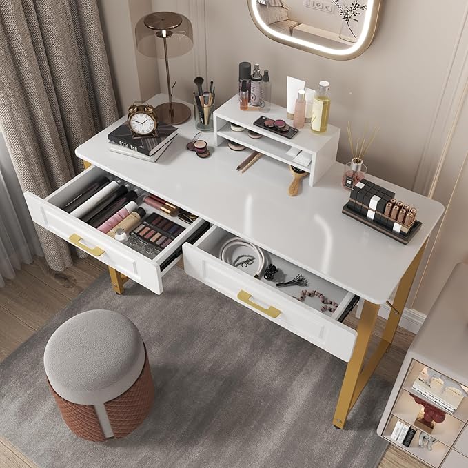 WESTREE 47.2 White and Gold Desk with 2 Drawers and Storage Shelf Modern Makeup Vanity with Glossy Desktop Gold Metal Frame Writing Desk for Bedroom or Home Office No Mirror