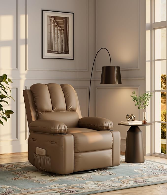GarveeHome Oversized Recliner Chairs with Heat and Massage - 360° Swivel Lazy Recliner Chair for Adults- Manual Recliner Chair with Cup Holder for Living Rooms Bedrooms and Nurseries - Tan