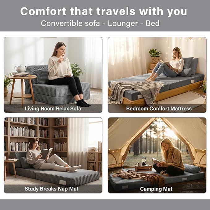 Tiita Folding Sofa Bed with Pillow Memory Foam Fold Out Chair Bed Single Size Convertible Chair Floor Couch &amp Sleeping Mattress Foldable Sleeper Sofa Bed for Guest Room Living Room Grey