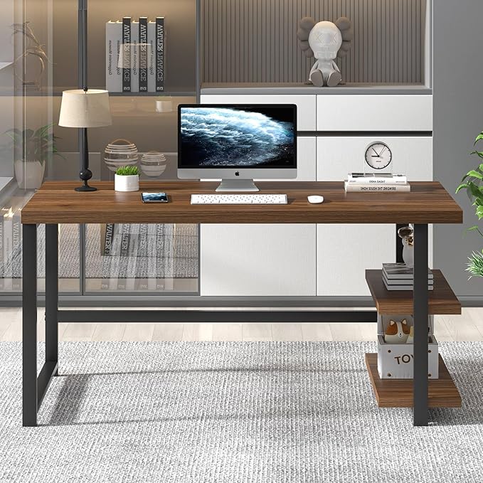 FOLUBAN Modern Computer Desk Wood Home Office Desk Study Writing Gaming Table Workstation with Storage Shelves for Living Room Bedroom Rustic Walnut 53 Inch