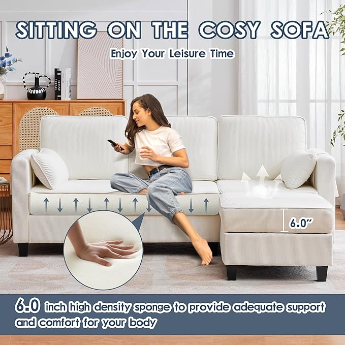 Small Sectional Couches with Storage 80 L Shaped Sectional Couch with Chaise and Ottoman Modular Corduroy Sofa with USB Ports&ampPockets for Small Places Living Room Apartment Office (White)