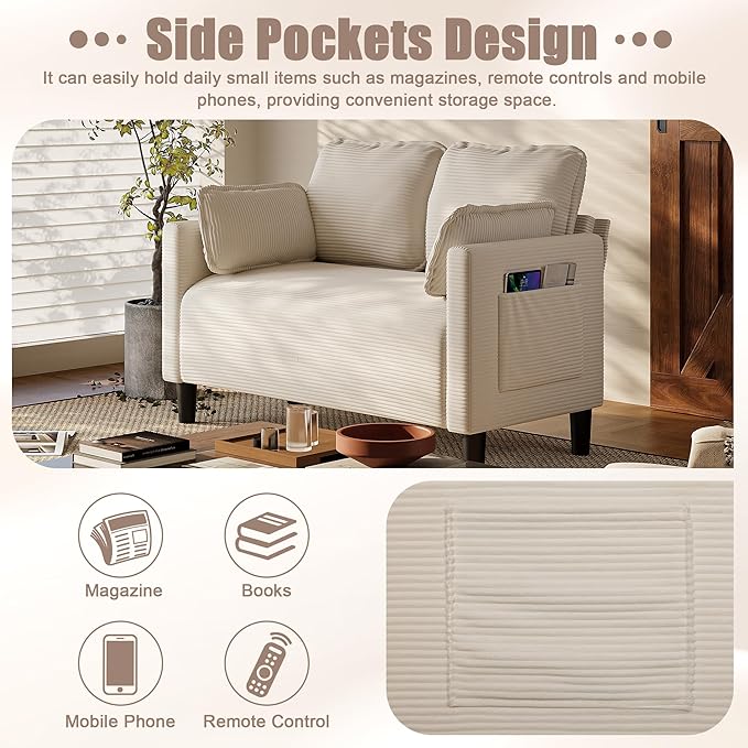 Corduroy Oversized Armchair 48 Extra Wide Accent Chairs W/Double Solid Wood Frame for Living Room Modern Lounge Chair Upholstered Cloud Single Sofa with Pillows