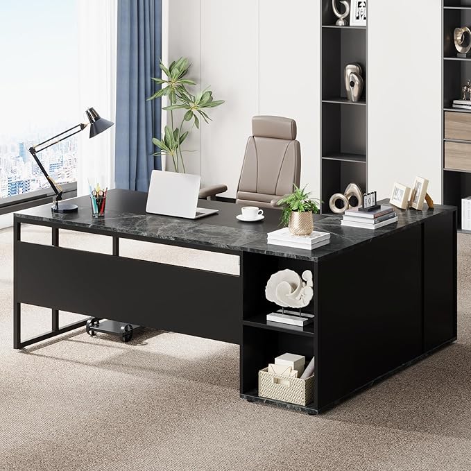 LITTLE TREE Large Executive Desk with File Cabinet 71 inch L Shaped Computer Desk Office Desk with Drawers and Storage Shelves Business Furniture Desk Workstation for Home Office Black