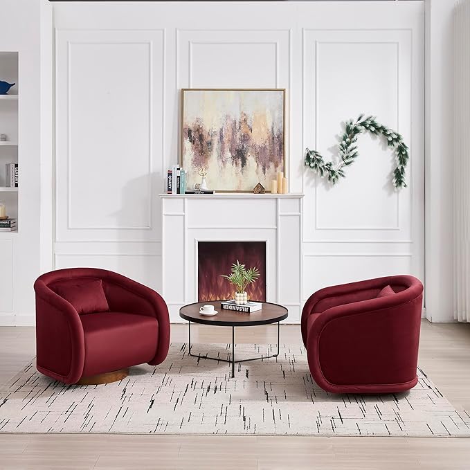 Swivel Accent Chair 360-Degree Rotating Barrel Chair with Soft Velvet Upholstery Comfy Pumpkin-Shaped Lounge Chair for Living Room Bedroom Office (Wine Red)