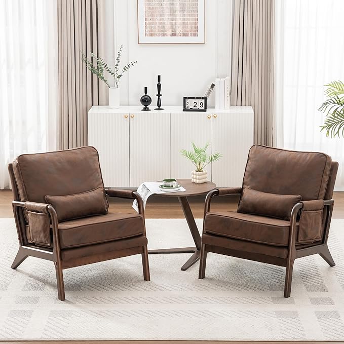 Mid Century Modern Chair Set of 2 Upholstered Lounge Arm Chair with Solid Wood Frame Comfy Accent Chair for Living Room Bedroom Reading Reception Brown