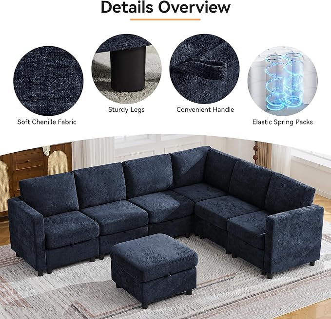 104'' V Shaped Modular Sofa Sectional Couch with Storage for Living Room Modern 7 Seater Cloud Sectional Couch with Movable Ottoman Chenille Navy
