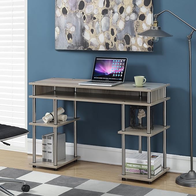 Convenience Concepts Designs2Go No Tools Desk Home Office Desk with Shelves Corner Shelf Vanity Desk Computer Desk Nail Table for Nail Tech - 47.25 L x 15.75 W x 30 H Ice White