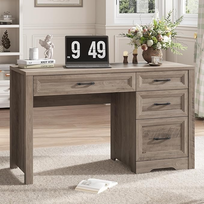 Vabches Farmhouse Executive Desk with Drawers Home Office Desk with File Drawer Wood Computer Desk with Ample Storage Rustic Office Desk with Spacious Tabletop for Work Grey